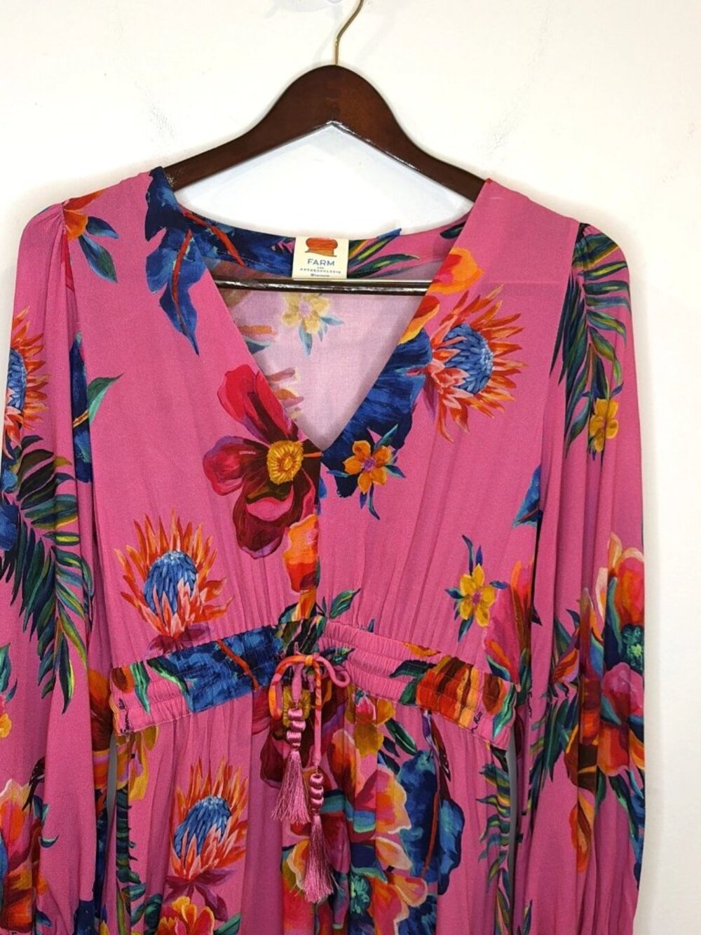 Farm Rio Anthropologie Midi Dress S Long Sleeve Floral Boho Tropical Pink Resort - Picture 7 of 16